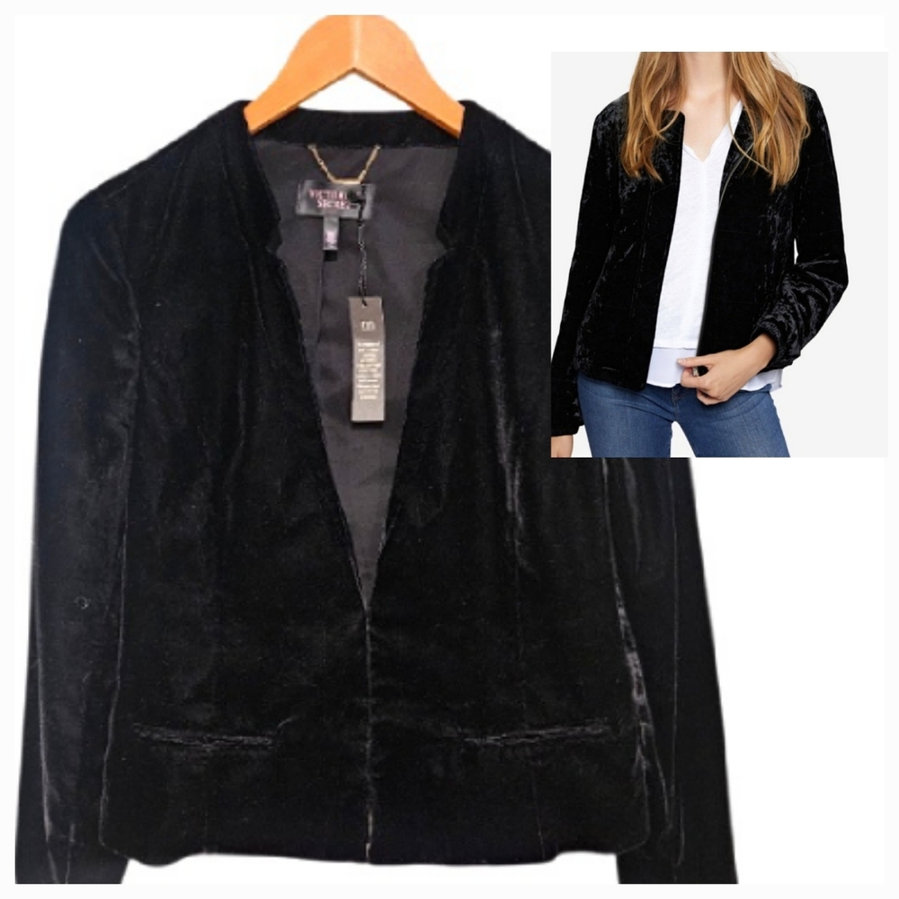 NEW! VICTORIA'S SECRET Black Velvet Collarless Nothched Blazer Jacket 10.